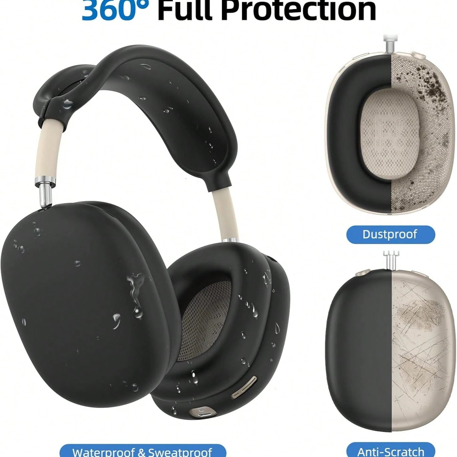 Black Pure Solid Color 3pcs Apple Max Headphone Protective Case Spring Gift