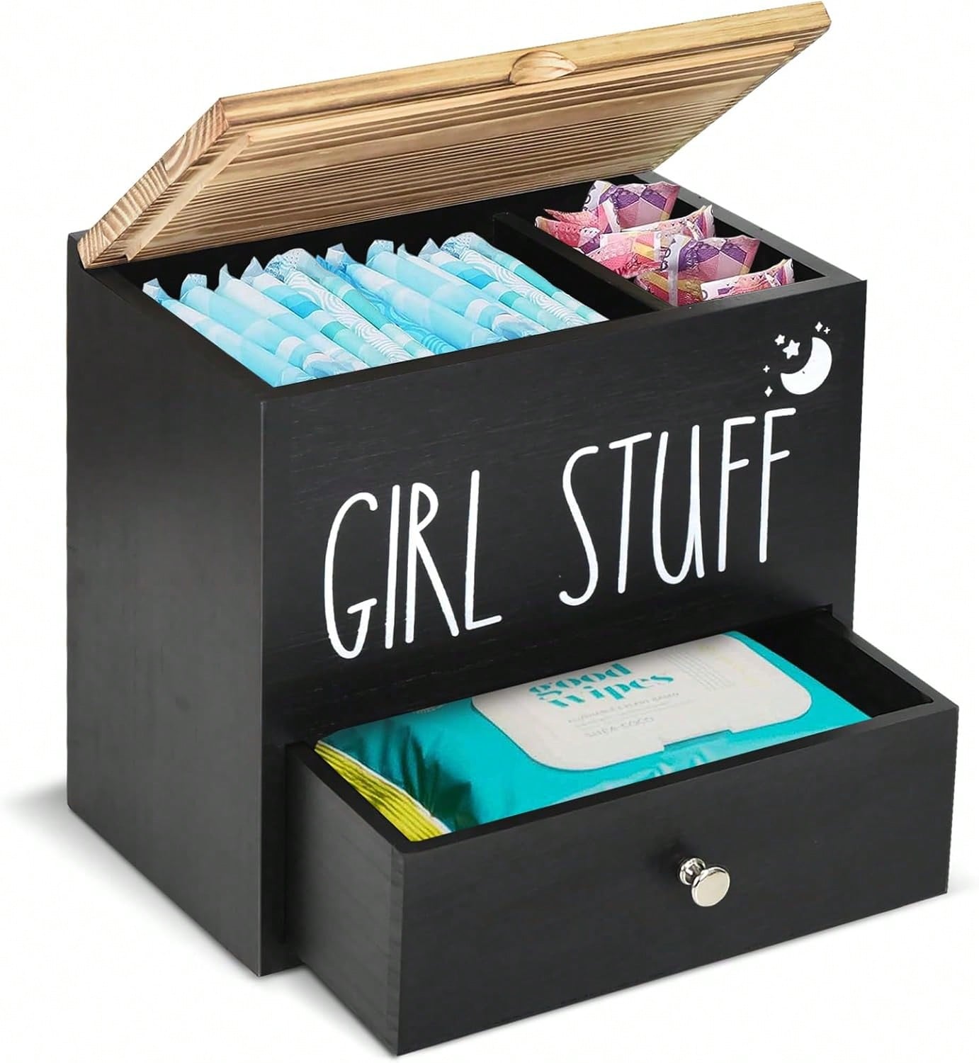 Black Wooden Feminine Care Organizer With Lid & Drawer, "Girl Stuff" Tampon & Sanitary Pad Storage Box, Bathroom Vanity Accessories Holder For Cotton Swabs & Period Supplies