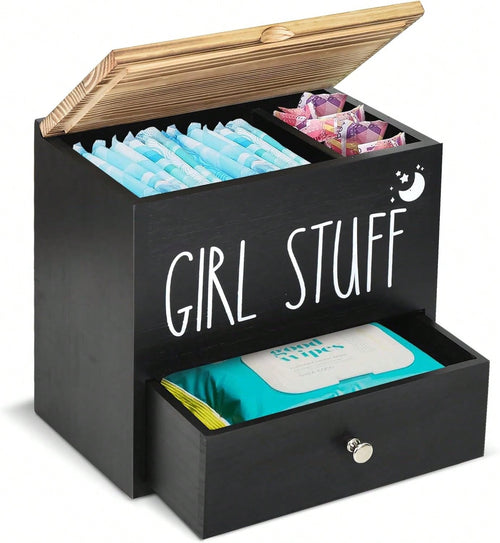 Black Wooden Feminine Care Organizer With Lid & Drawer, "Girl Stuff" Tampon & Sanitary Pad Storage Box, Bathroom Vanity Accessories Holder For Cotton Swabs & Period Supplies