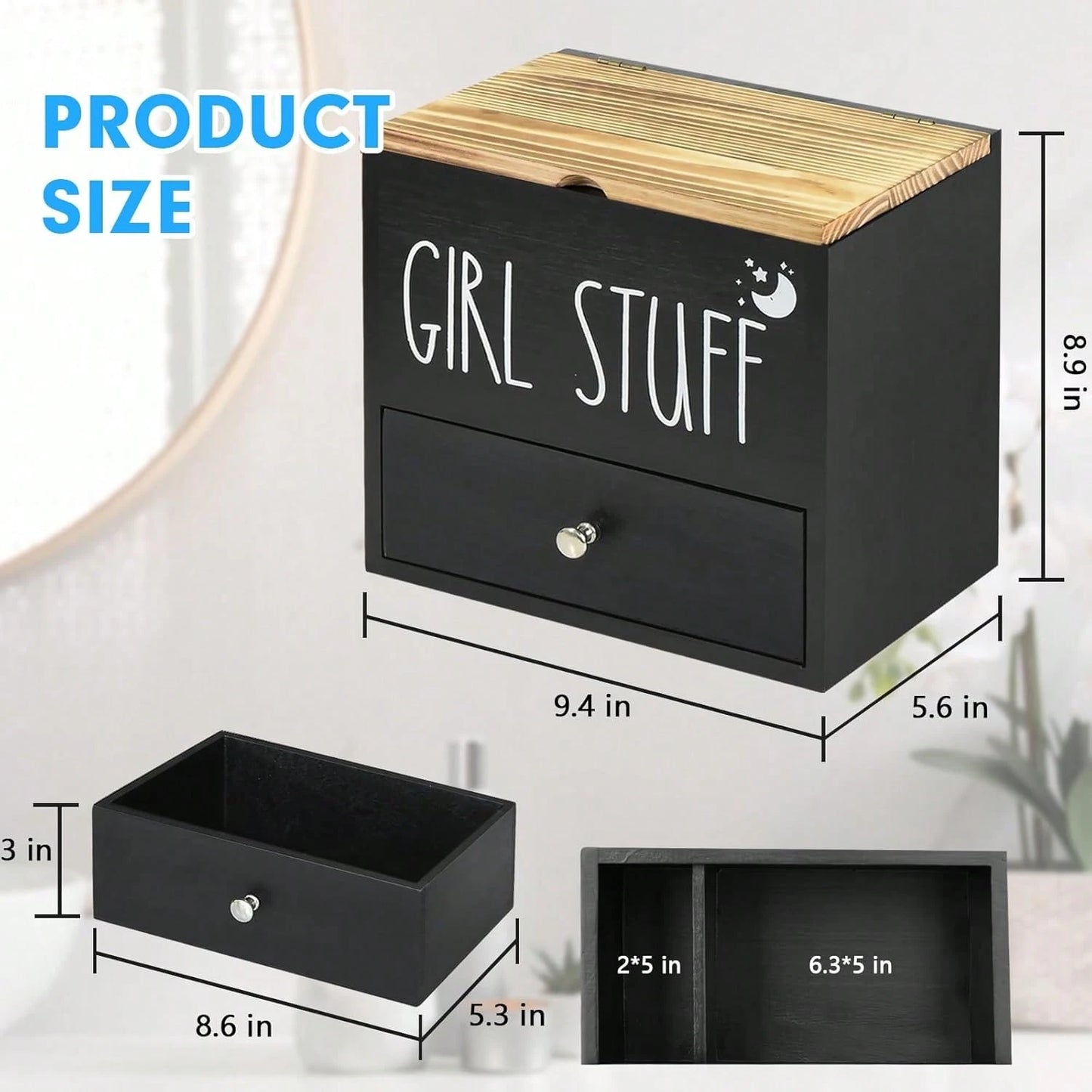 Black Wooden Feminine Care Organizer With Lid & Drawer, "Girl Stuff" Tampon & Sanitary Pad Storage Box, Bathroom Vanity Accessories Holder For Cotton Swabs & Period Supplies