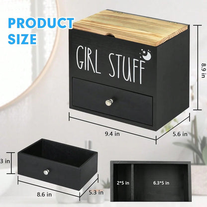 Black Wooden Feminine Care Organizer With Lid & Drawer, "Girl Stuff" Tampon & Sanitary Pad Storage Box, Bathroom Vanity Accessories Holder For Cotton Swabs & Period Supplies