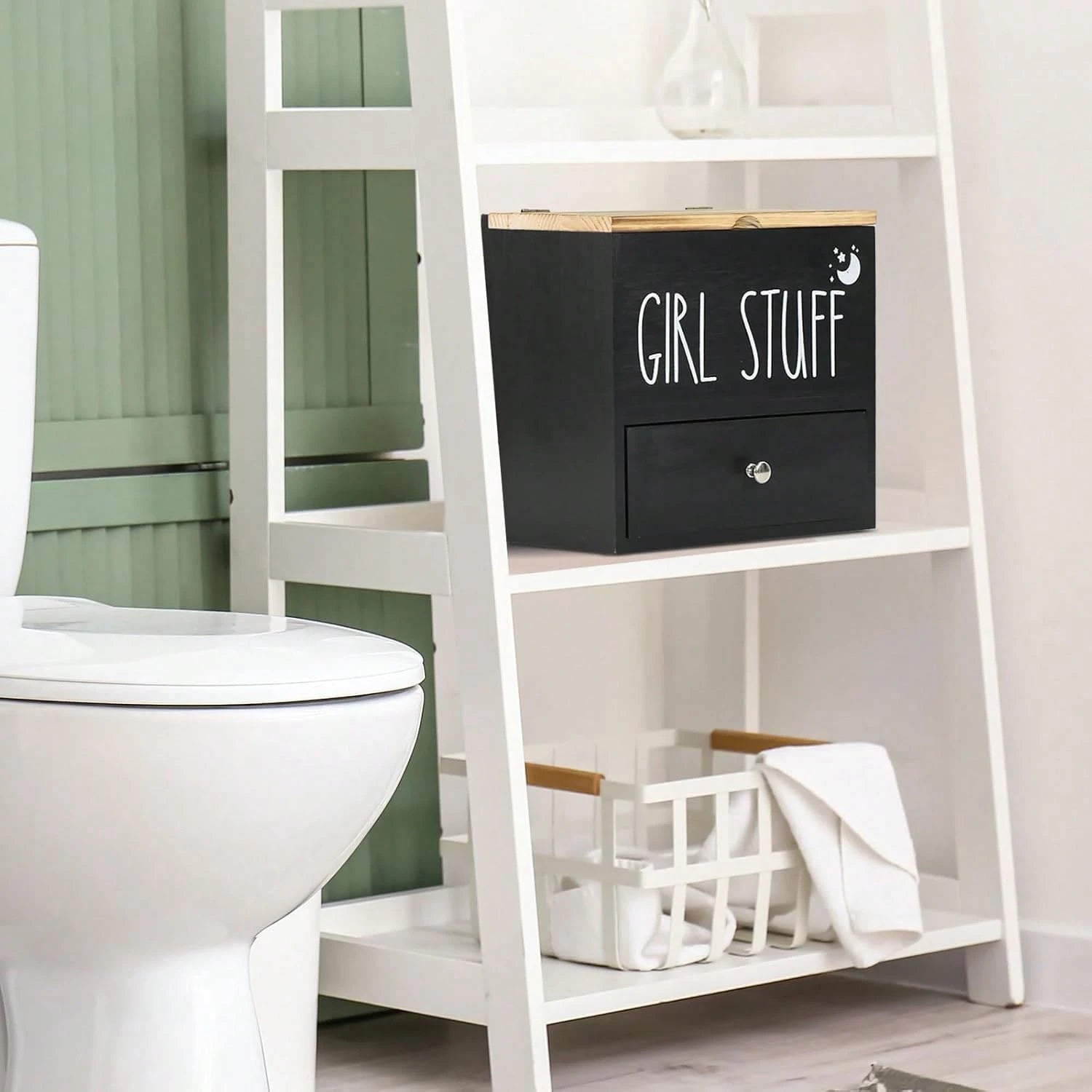 Black Wooden Feminine Care Organizer With Lid & Drawer, "Girl Stuff" Tampon & Sanitary Pad Storage Box, Bathroom Vanity Accessories Holder For Cotton Swabs & Period Supplies