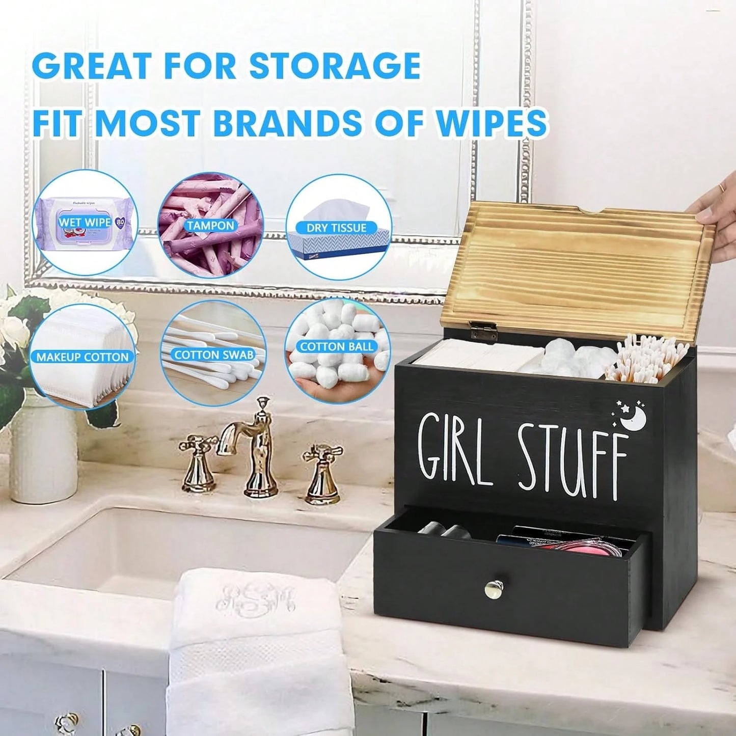 Black Wooden Feminine Care Organizer With Lid & Drawer, "Girl Stuff" Tampon & Sanitary Pad Storage Box, Bathroom Vanity Accessories Holder For Cotton Swabs & Period Supplies