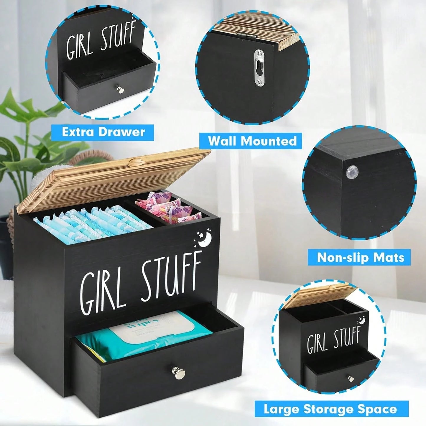 Black Wooden Feminine Care Organizer With Lid & Drawer, "Girl Stuff" Tampon & Sanitary Pad Storage Box, Bathroom Vanity Accessories Holder For Cotton Swabs & Period Supplies