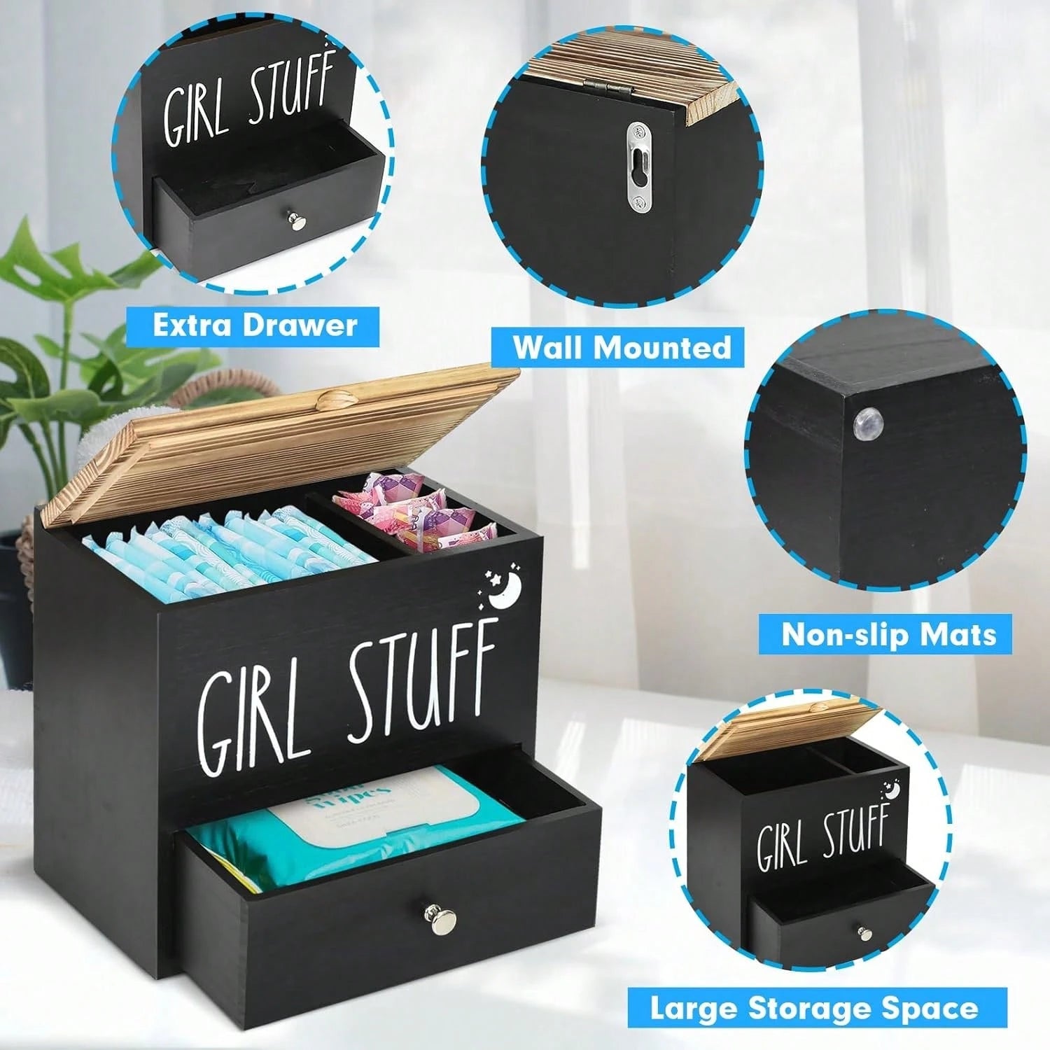 Black Wooden Feminine Care Organizer With Lid & Drawer, "Girl Stuff" Tampon & Sanitary Pad Storage Box, Bathroom Vanity Accessories Holder For Cotton Swabs & Period Supplies