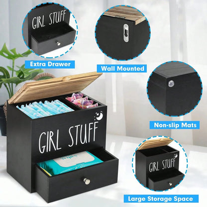 Black Wooden Feminine Care Organizer With Lid & Drawer, "Girl Stuff" Tampon & Sanitary Pad Storage Box, Bathroom Vanity Accessories Holder For Cotton Swabs & Period Supplies