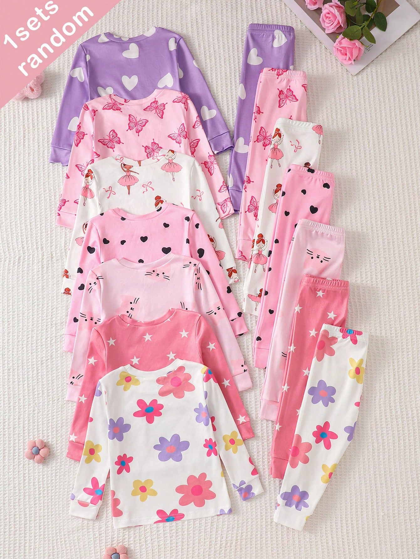 (Blind Box Series 7 Sets Randomly Sent 1 Set) Baby Girl 2-Piece Knit Round Neck Long Sleeve Leggings Set, White Purple Pink Cartoon Star Heart Colorful Flower Cat Print Pattern, Simple Casual Comforta