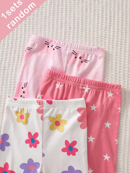 (Blind Box Series 7 Sets Randomly Sent 1 Set) Baby Girl 2-Piece Knit Round Neck Long Sleeve Leggings Set, White Purple Pink Cartoon Star Heart Colorful Flower Cat Print Pattern, Simple Casual Comforta