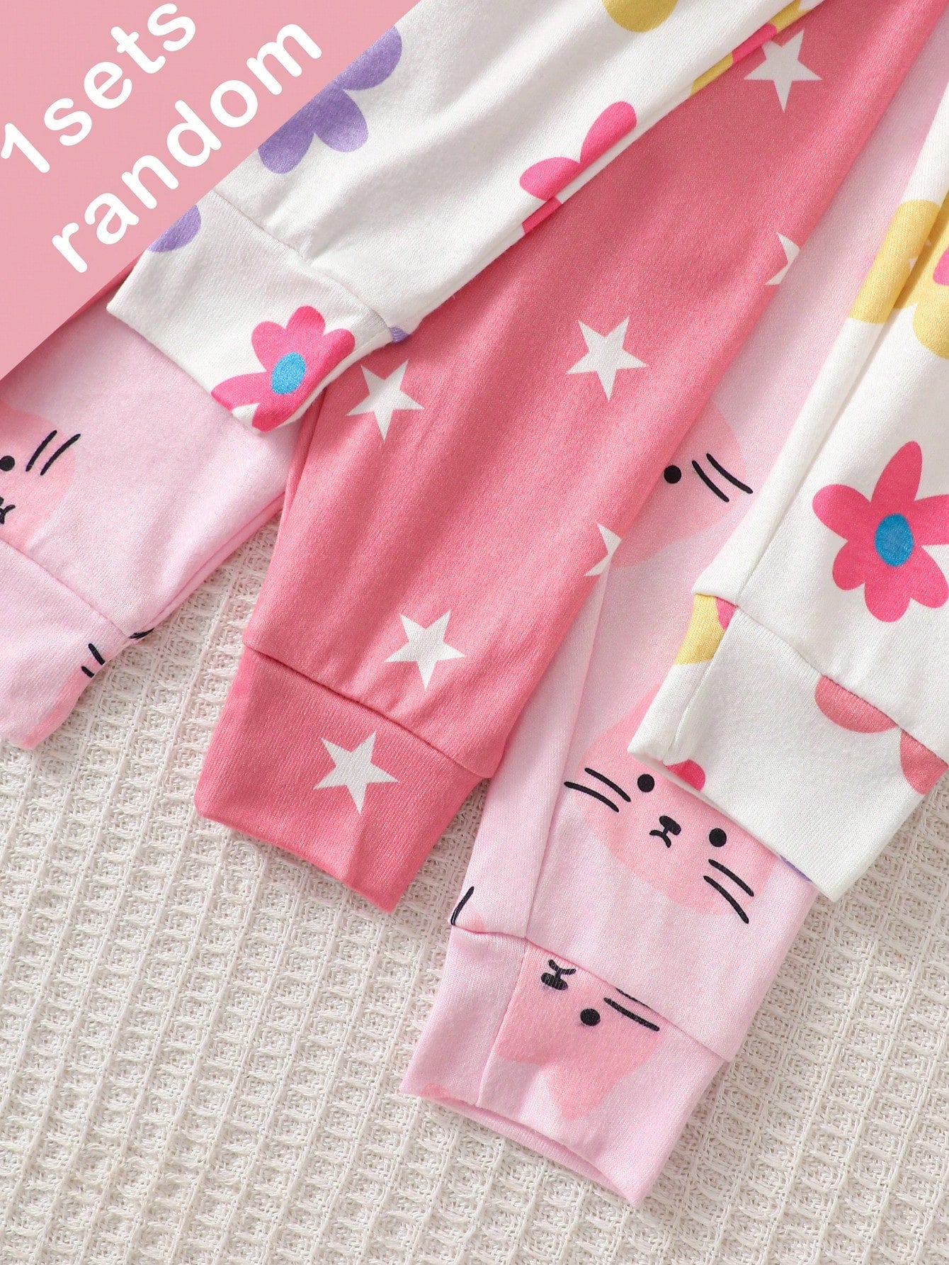 (Blind Box Series 7 Sets Randomly Sent 1 Set) Baby Girl 2-Piece Knit Round Neck Long Sleeve Leggings Set, White Purple Pink Cartoon Star Heart Colorful Flower Cat Print Pattern, Simple Casual Comforta