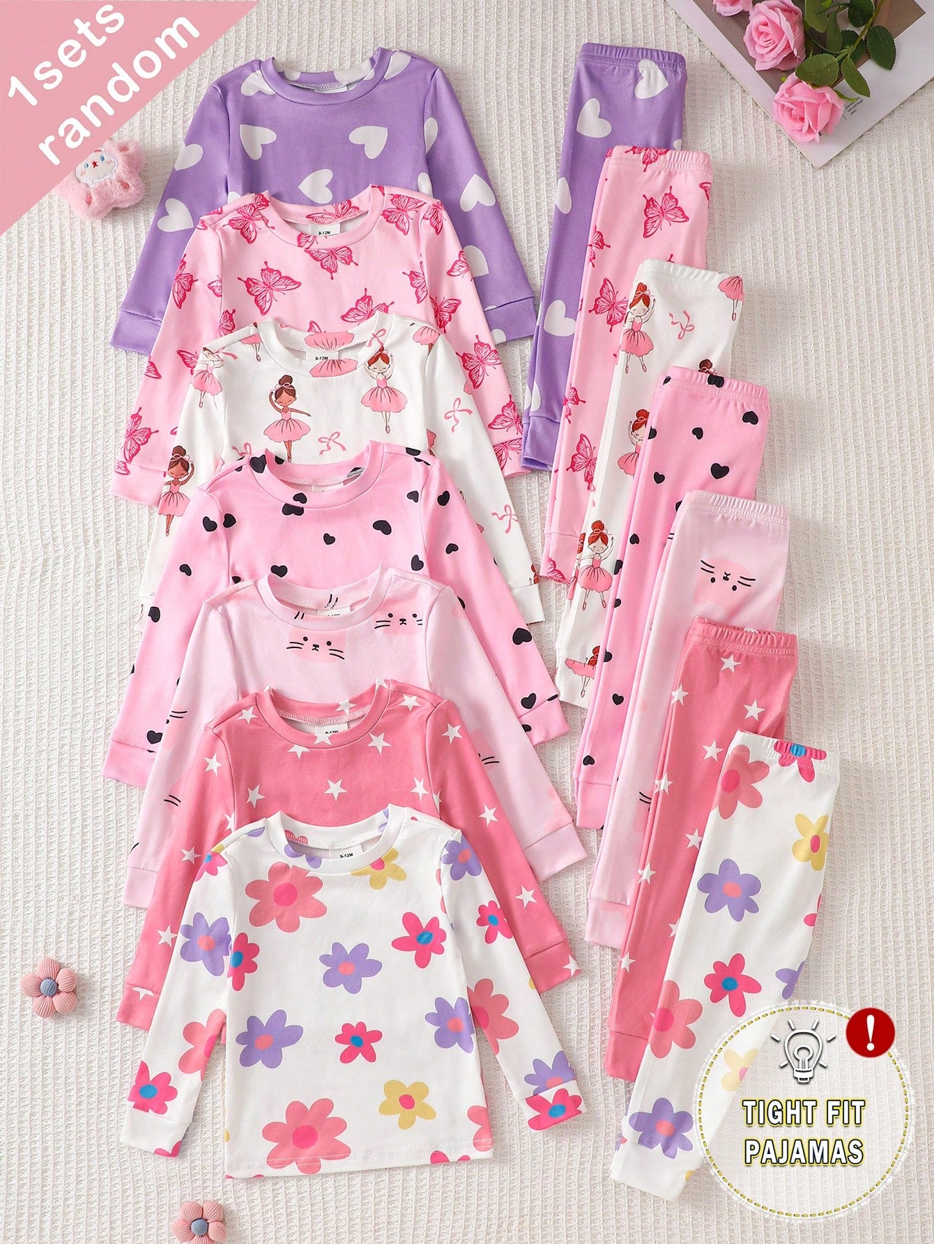 (Blind Box Series 7 Sets Randomly Sent 1 Set) Baby Girl 2-Piece Knit Round Neck Long Sleeve Leggings Set, White Purple Pink Cartoon Star Heart Colorful Flower Cat Print Pattern, Simple Casual Comforta