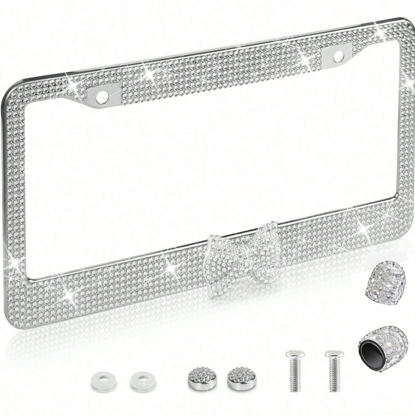 Bling Rhinestone Bowknot Car License Plate Frame, Crystal SUV License Plate Covers, Stainless Steel License Plate Holders