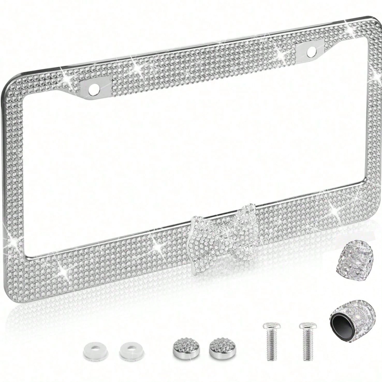 Bling Rhinestone Bowknot Car License Plate Frame, Crystal SUV License Plate Covers, Stainless Steel License Plate Holders