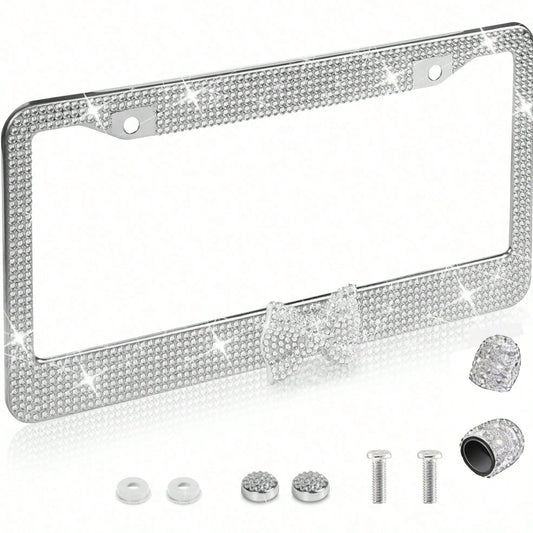Bling Rhinestone Bowknot Car License Plate Frame, Crystal SUV License Plate Covers, Stainless Steel License Plate Holders
