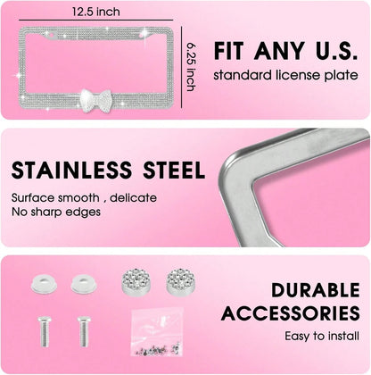 Bling Rhinestone Bowknot Car License Plate Frame, Crystal SUV License Plate Covers, Stainless Steel License Plate Holders