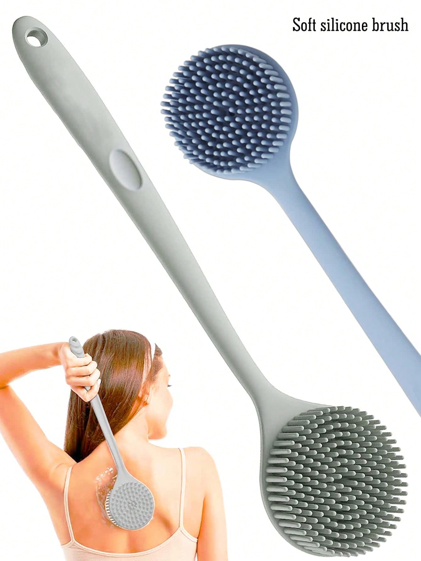 Blue/Grey/Pink/Black Silicone Long Handle Bath Brush- Shower Brush- Back Scrubber- Comfortable Bathing Brush