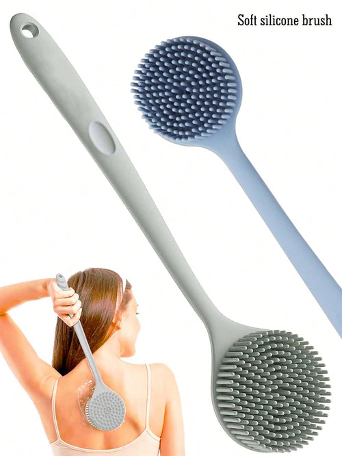 Blue/Grey/Pink/Black Silicone Long Handle Bath Brush- Shower Brush- Back Scrubber- Comfortable Bathing Brush