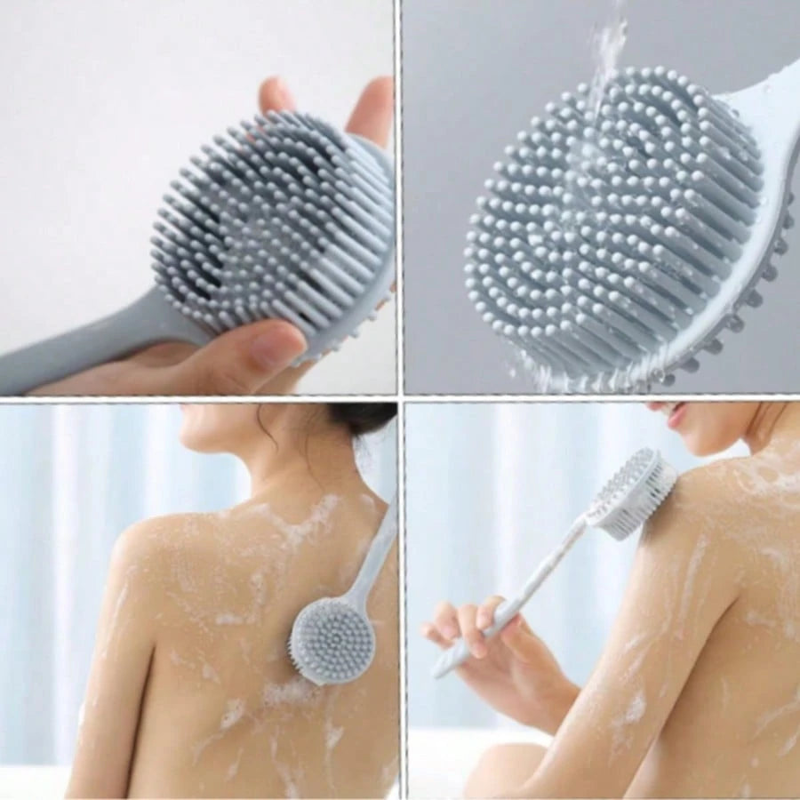 Blue/Grey/Pink/Black Silicone Long Handle Bath Brush- Shower Brush- Back Scrubber- Comfortable Bathing Brush