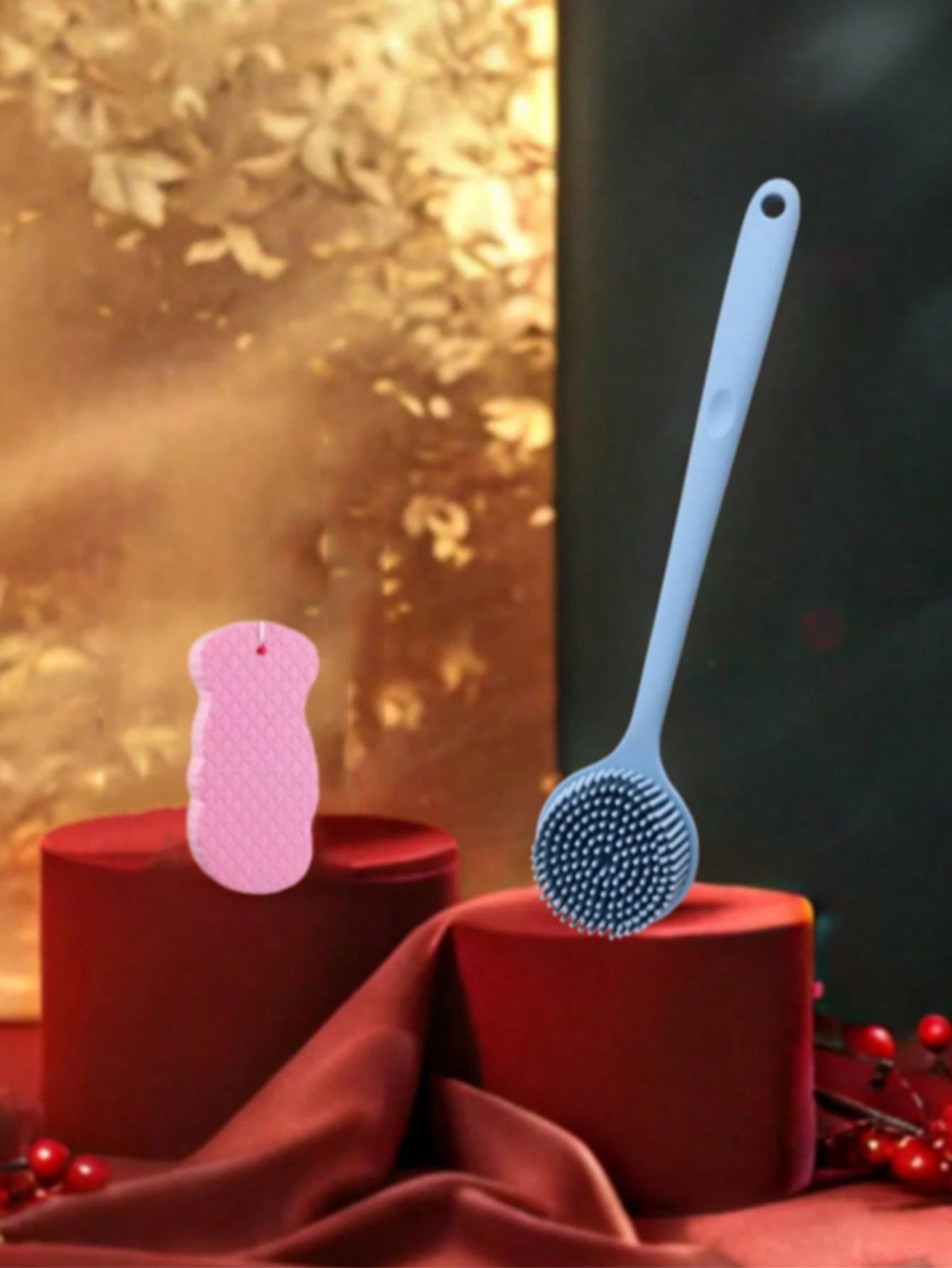 Blue/Grey/Pink/Black Silicone Long Handle Bath Brush- Shower Brush- Back Scrubber- Comfortable Bathing Brush