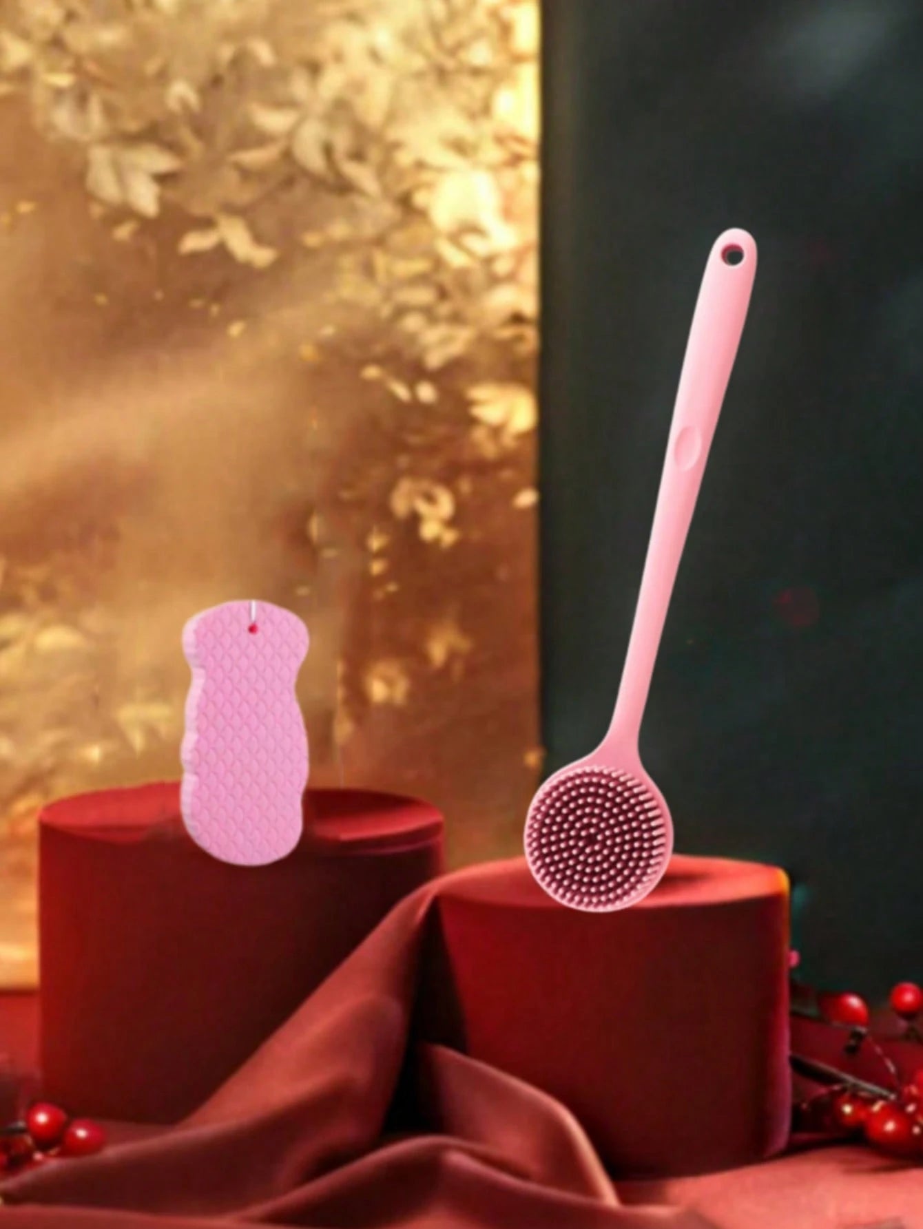 Blue/Grey/Pink/Black Silicone Long Handle Bath Brush- Shower Brush- Back Scrubber- Comfortable Bathing Brush