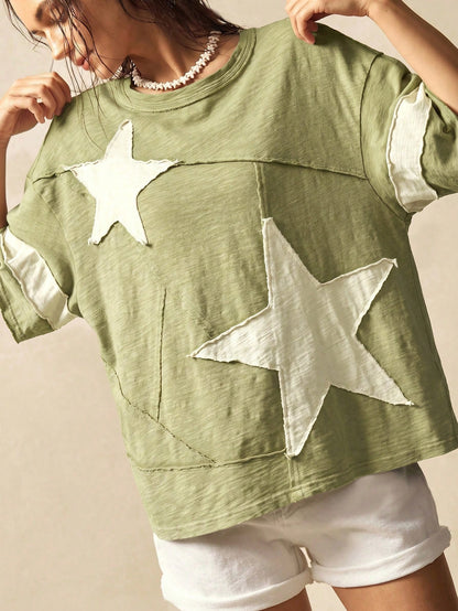 Bohemela Plus Size Women Summer Casual Fashionable Street Daily Commute Contrast Color Star Patch Loose T-Shirt
