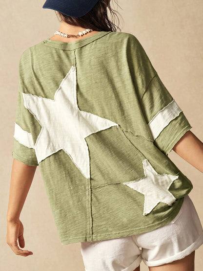 Bohemela Plus Size Women Summer Casual Fashionable Street Daily Commute Contrast Color Star Patch Loose T-Shirt