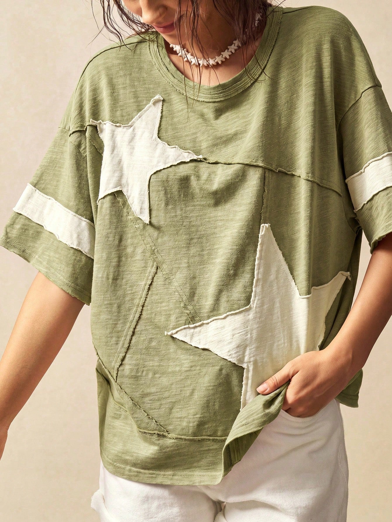 Bohemela Plus Size Women Summer Casual Fashionable Street Daily Commute Contrast Color Star Patch Loose T-Shirt