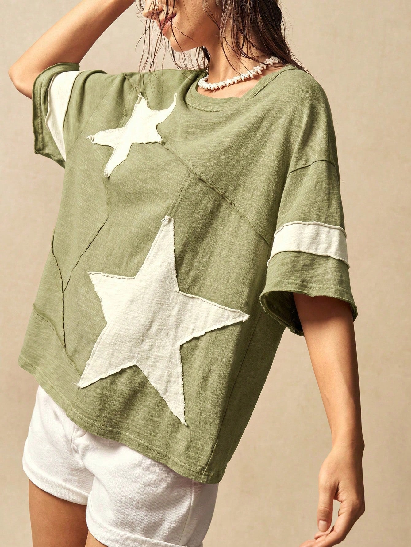 Bohemela Plus Size Women Summer Casual Fashionable Street Daily Commute Contrast Color Star Patch Loose T-Shirt