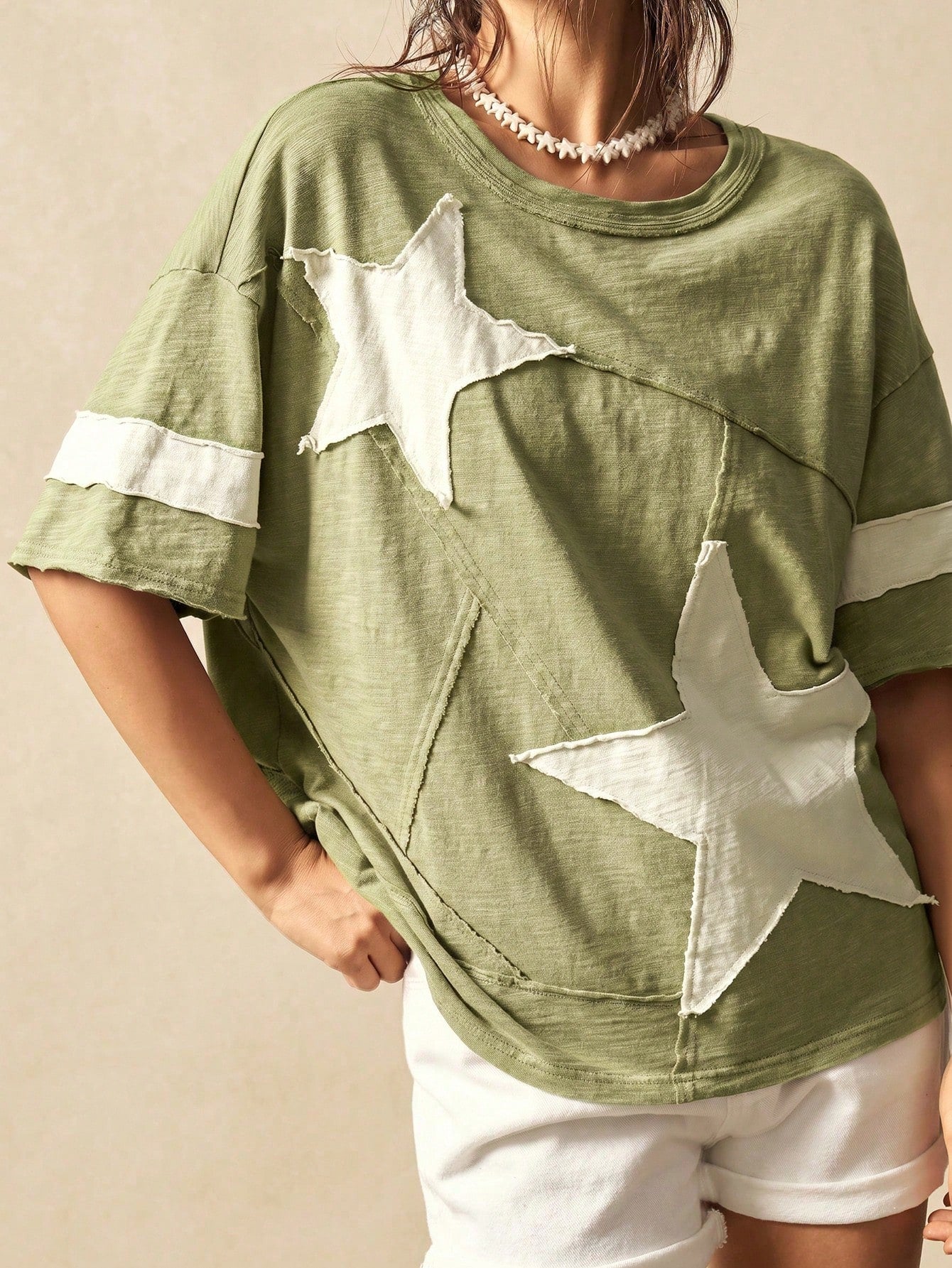 Bohemela Plus Size Women Summer Casual Fashionable Street Daily Commute Contrast Color Star Patch Loose T-Shirt