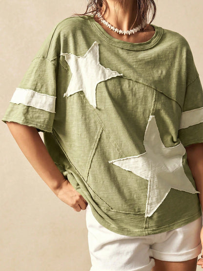 Bohemela Plus Size Women Summer Casual Fashionable Street Daily Commute Contrast Color Star Patch Loose T-Shirt