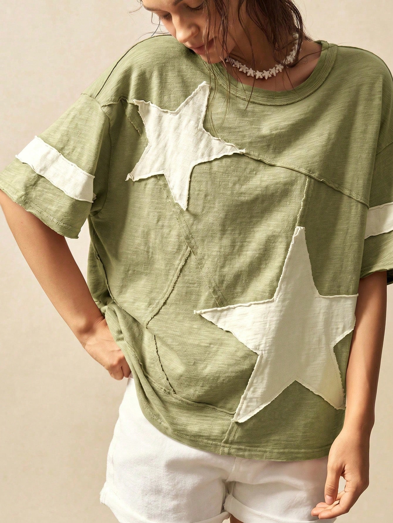 Bohemela Plus Size Women Summer Casual Fashionable Street Daily Commute Contrast Color Star Patch Loose T-Shirt