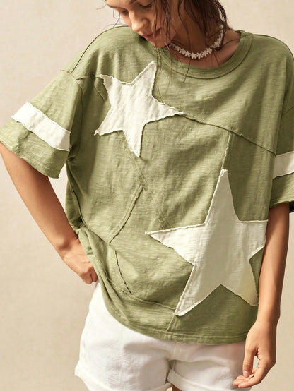 Bohemela Plus Size Women Summer Casual Fashionable Street Daily Commute Contrast Color Star Patch Loose T-Shirt