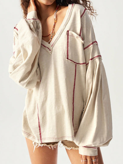 Bohemela Plus Size Women V-Neck Contrast Stitching Drop Shoulder Long Sleeve Pocket Casual T-Shirt,Vintage Fall