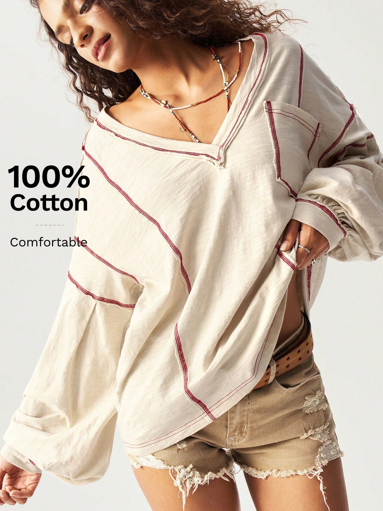 Bohemela Plus Size Women V-Neck Contrast Stitching Drop Shoulder Long Sleeve Pocket Casual T-Shirt,Vintage Fall