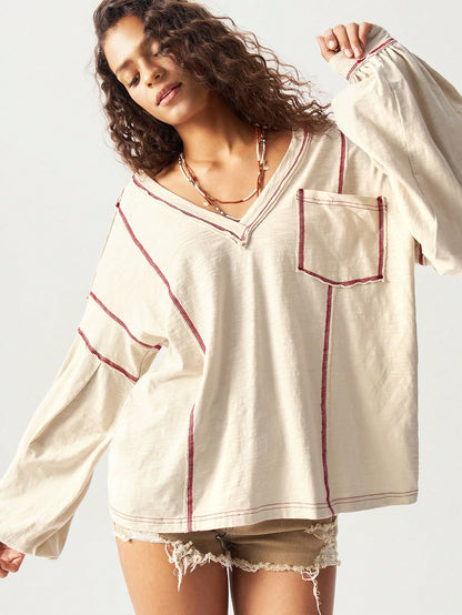 Bohemela Plus Size Women V-Neck Contrast Stitching Drop Shoulder Long Sleeve Pocket Casual T-Shirt,Vintage Fall