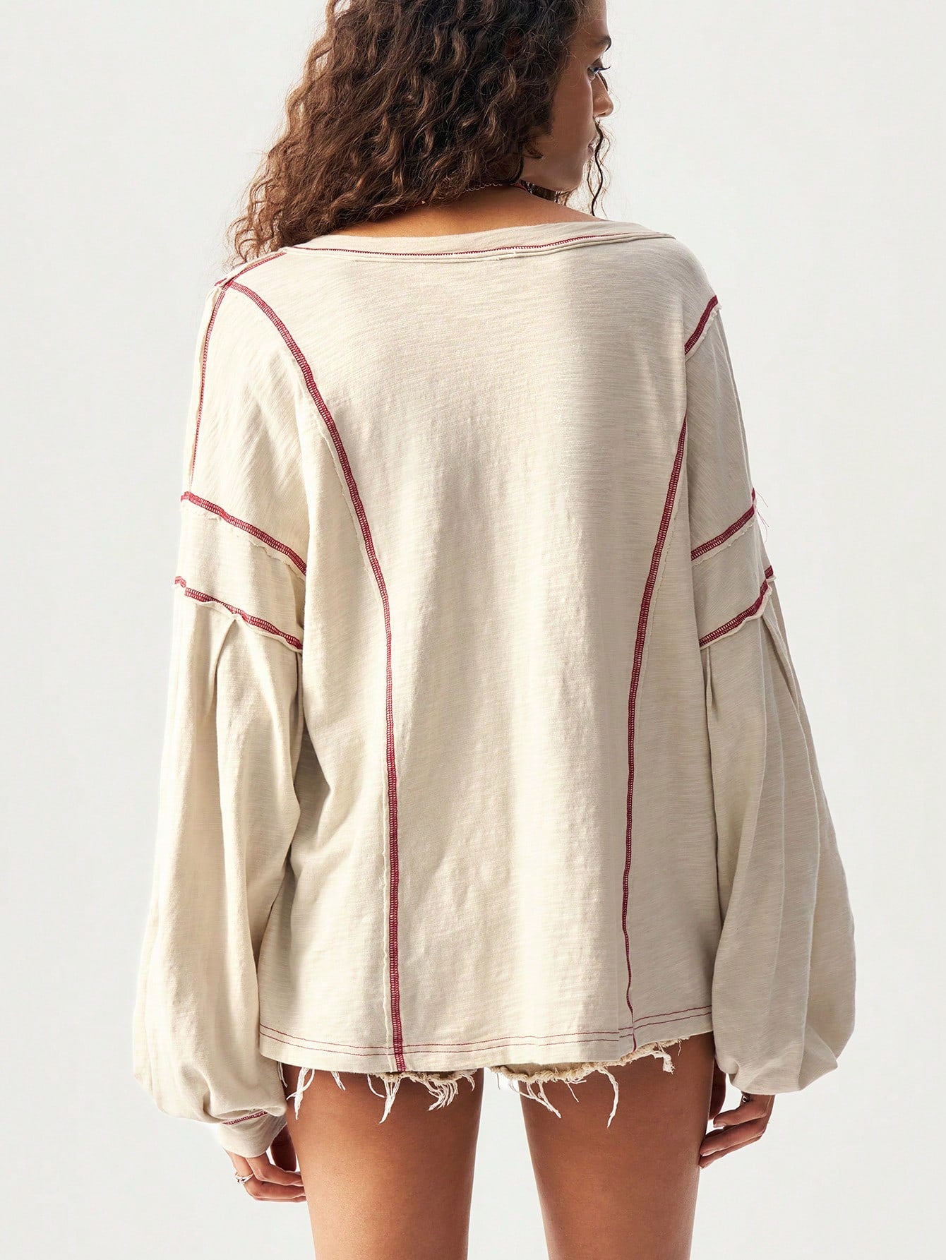Bohemela Plus Size Women V-Neck Contrast Stitching Drop Shoulder Long Sleeve Pocket Casual T-Shirt,Vintage Fall