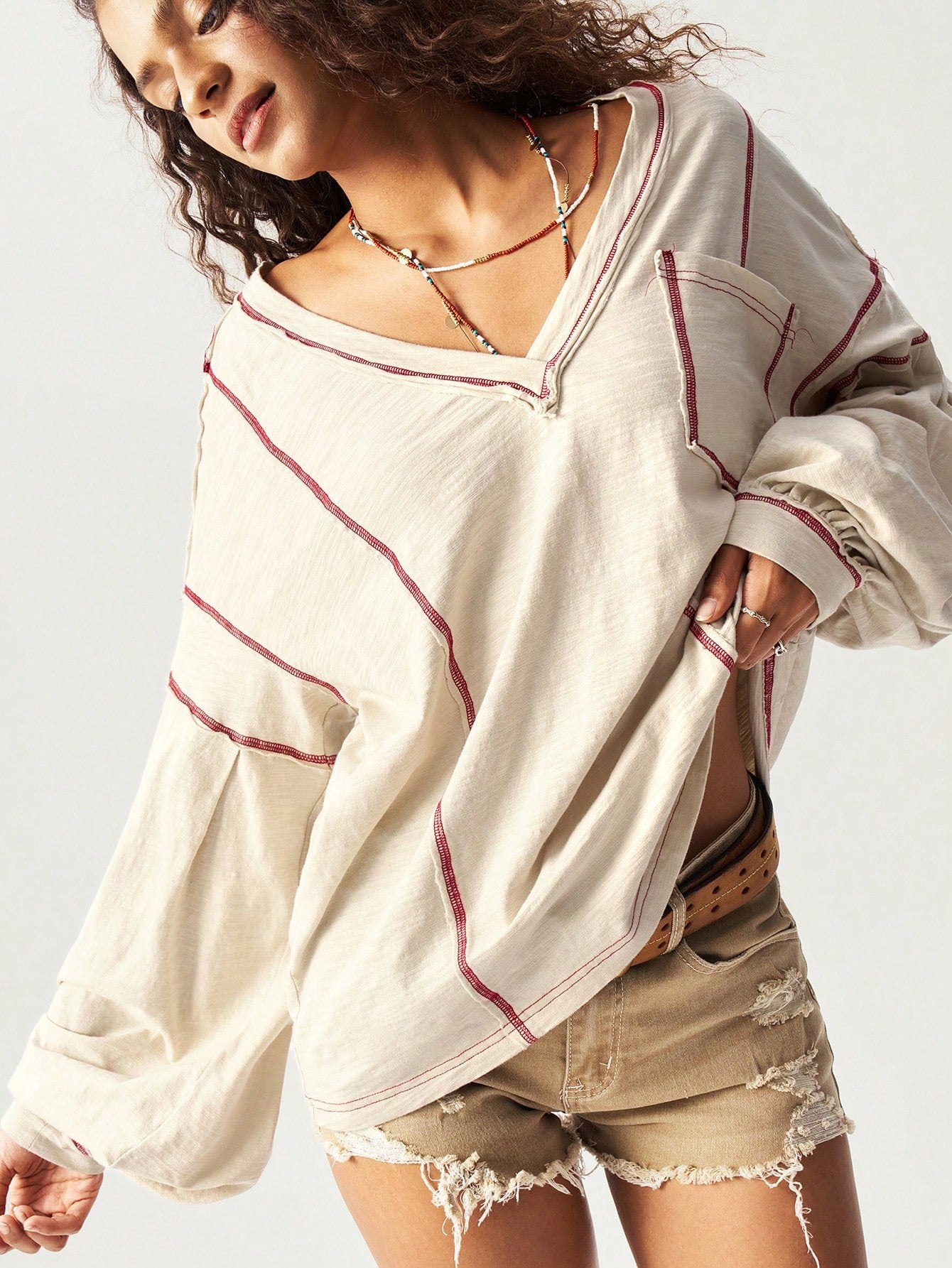 Bohemela Plus Size Women V-Neck Contrast Stitching Drop Shoulder Long Sleeve Pocket Casual T-Shirt,Vintage Fall