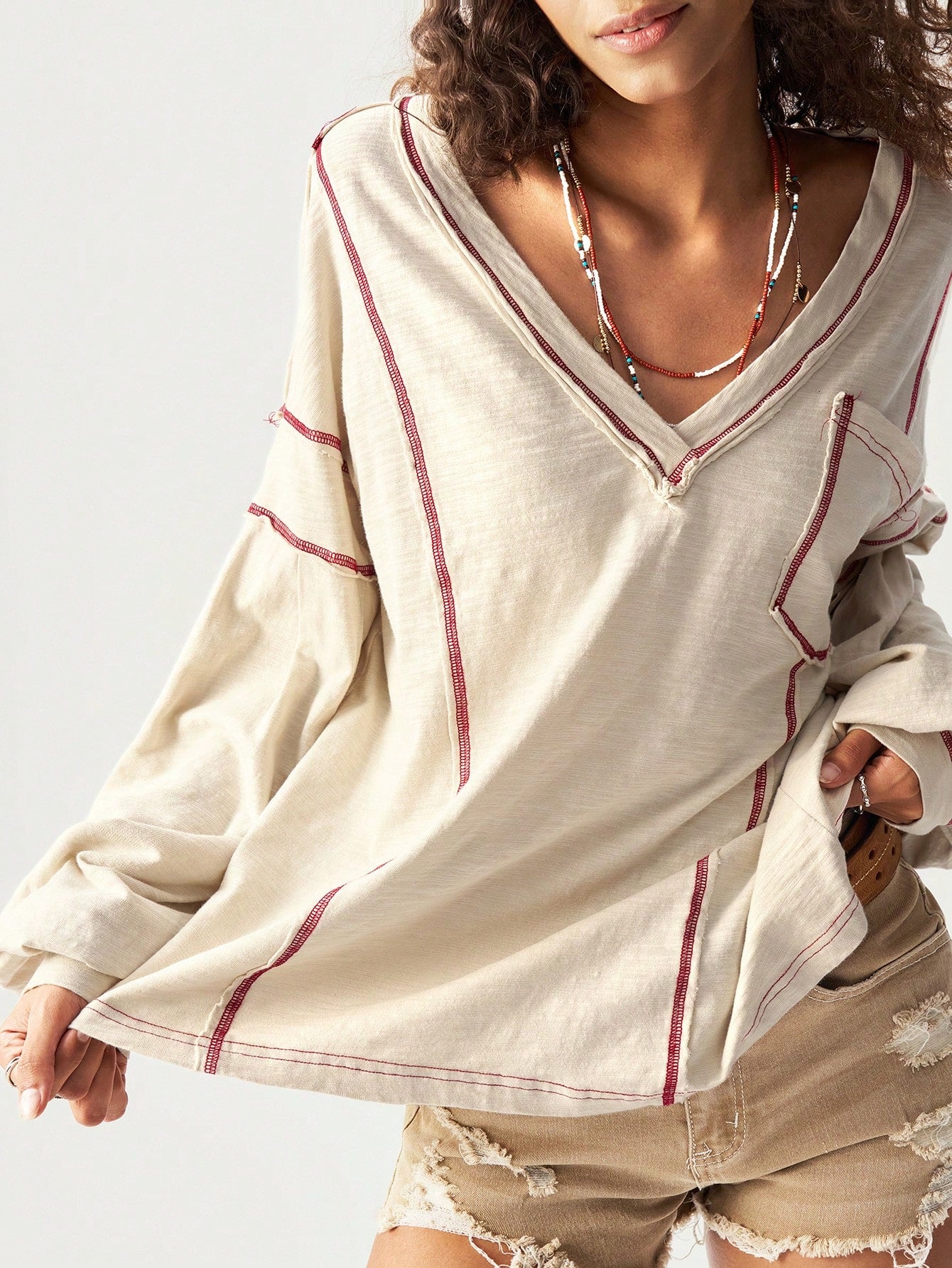Bohemela Plus Size Women V-Neck Contrast Stitching Drop Shoulder Long Sleeve Pocket Casual T-Shirt,Vintage Fall