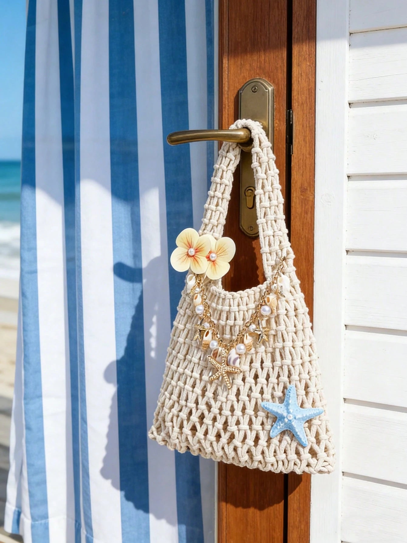 Boho Crochet Straw Beach Tote Bag, Handmade Woven Shoulder Bag With Starfish & Shell Charms, Hollow Out Knit Summer Handbag For Beach Vacation, Large Capacity Straw Bag For Travel, Shopping & Daily Us