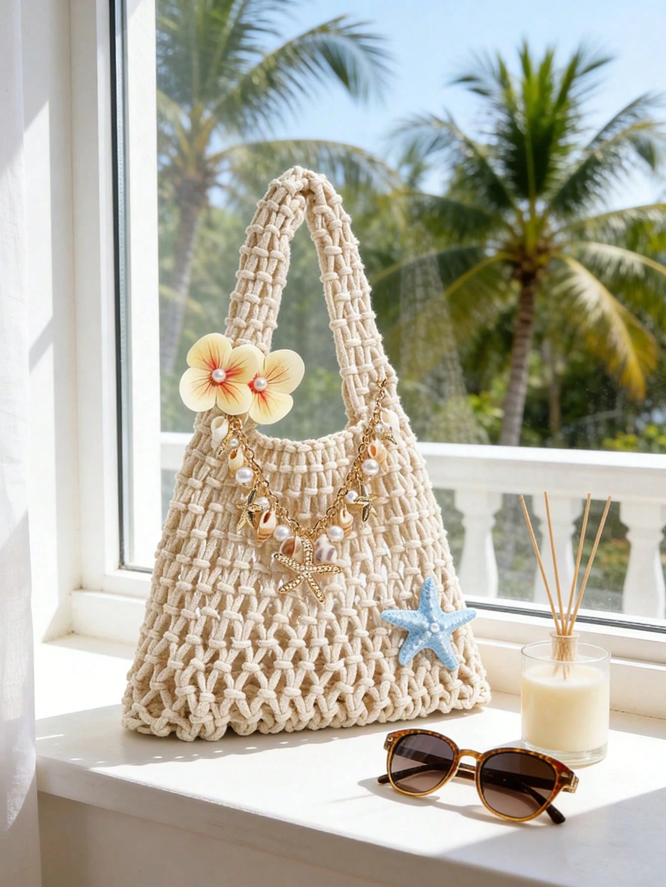 Boho Crochet Straw Beach Tote Bag, Handmade Woven Shoulder Bag With Starfish & Shell Charms, Hollow Out Knit Summer Handbag For Beach Vacation, Large Capacity Straw Bag For Travel, Shopping & Daily Us