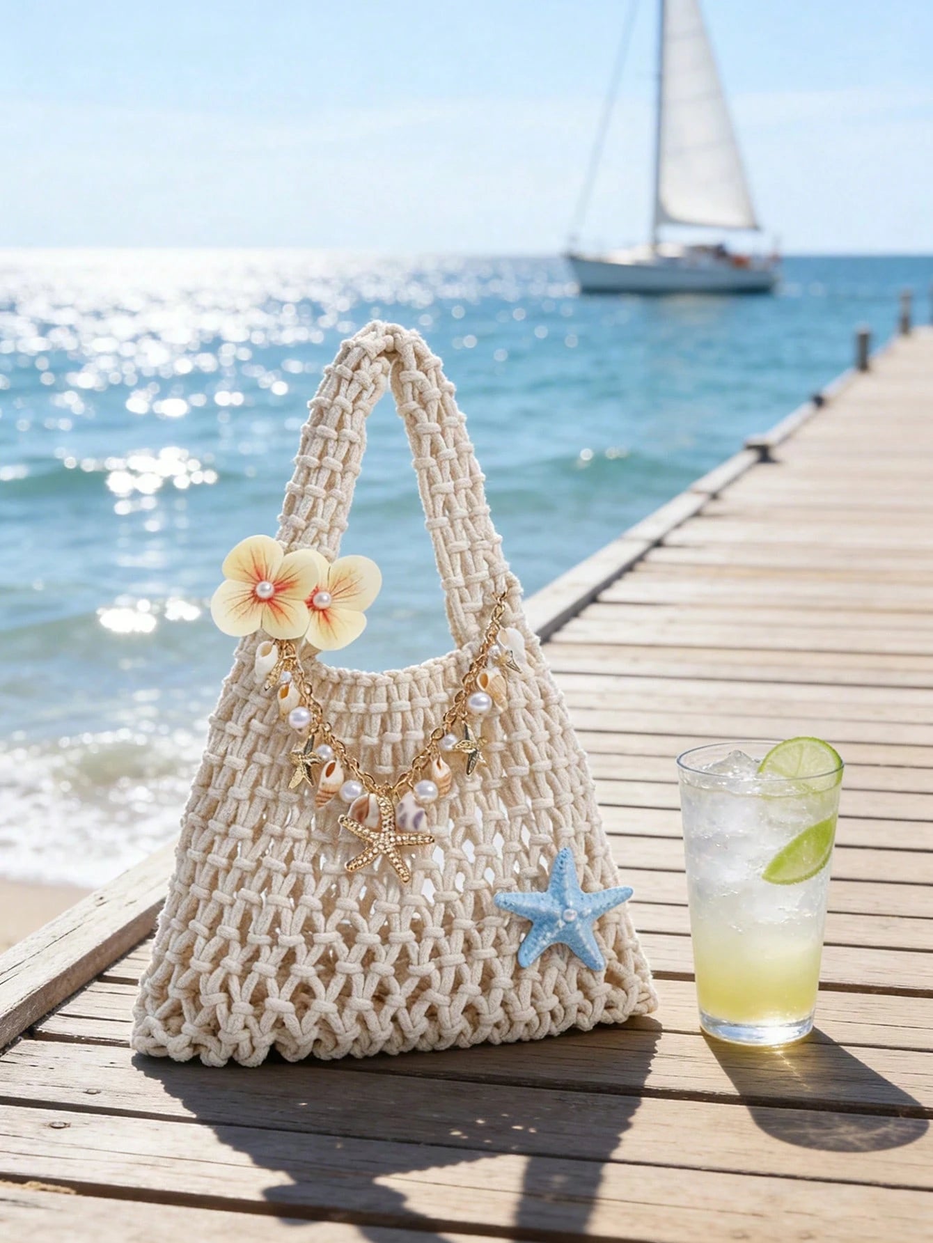 Boho Crochet Straw Beach Tote Bag, Handmade Woven Shoulder Bag With Starfish & Shell Charms, Hollow Out Knit Summer Handbag For Beach Vacation, Large Capacity Straw Bag For Travel, Shopping & Daily Us
