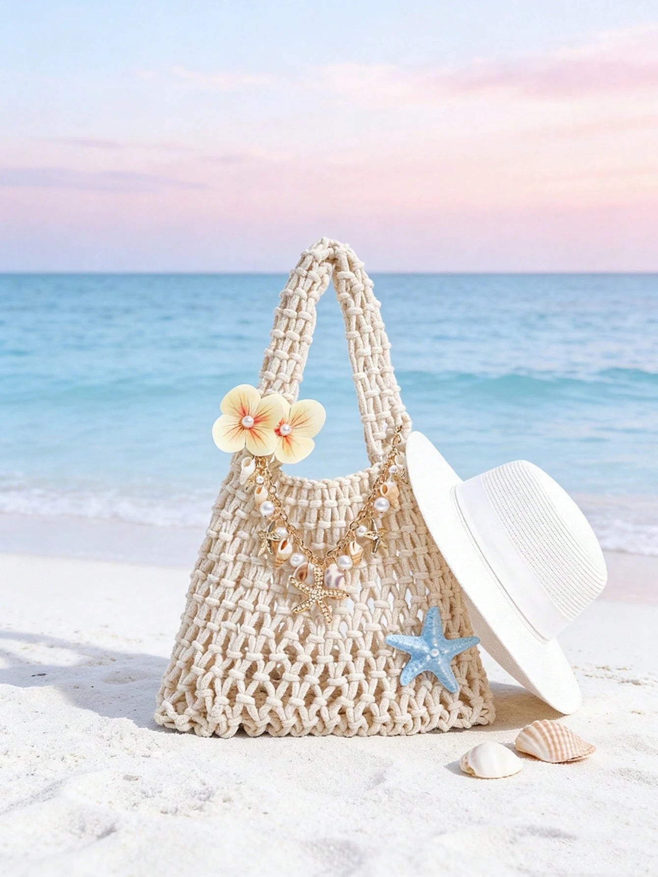 Boho Crochet Straw Beach Tote Bag, Handmade Woven Shoulder Bag With Starfish & Shell Charms, Hollow Out Knit Summer Handbag For Beach Vacation, Large Capacity Straw Bag For Travel, Shopping & Daily Us