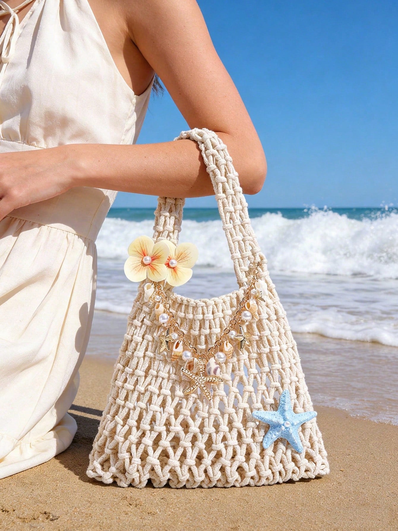 Boho Crochet Straw Beach Tote Bag, Handmade Woven Shoulder Bag With Starfish & Shell Charms, Hollow Out Knit Summer Handbag For Beach Vacation, Large Capacity Straw Bag For Travel, Shopping & Daily Us