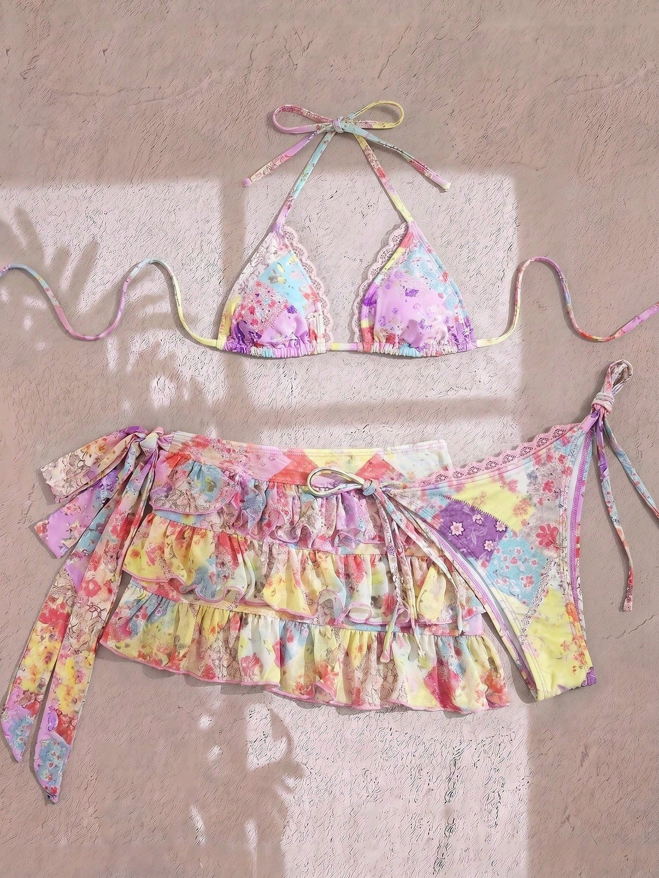 Bonvoyette Women's Summer Beach Holiday Halter Tie Back Sexy Bikini Swimsuit 3-Piece Set, Ruffle Skirt, Pink, Women's Festival Outfit, Women's Beach Outfit, Party, Women's Vacation Outfit, Floral