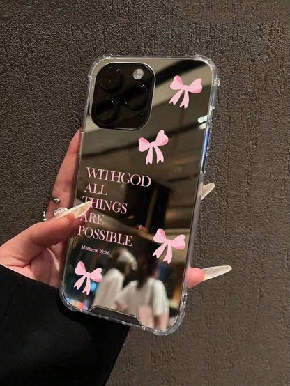 Bow & Heart Cute Pattern Mirror Shockproof Phone Case, Compatible With IPhone 13/11/17/16/14/15/15 Pro/15 Plus/15 Pro Max/7 Plus/8 Plus/X/Xs Max/Xr/11 Pro/12 Pro/13 Pro/14 Pro/12 Mini/13 Mini/11 Pro M
