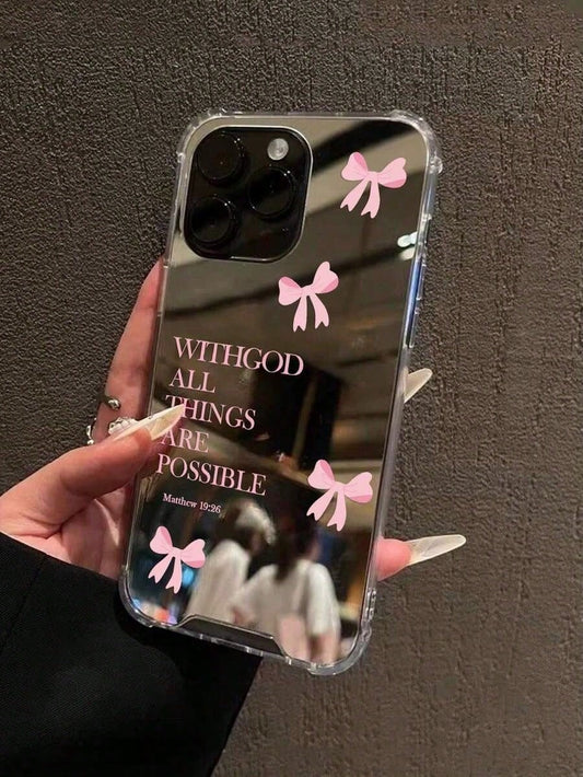 Bow & Heart Cute Pattern Mirror Shockproof Phone Case, Compatible With IPhone 13/11/17/16/14/15/15 Pro/15 Plus/15 Pro Max/7 Plus/8 Plus/X/Xs Max/Xr/11 Pro/12 Pro/13 Pro/14 Pro/12 Mini/13 Mini/11 Pro M