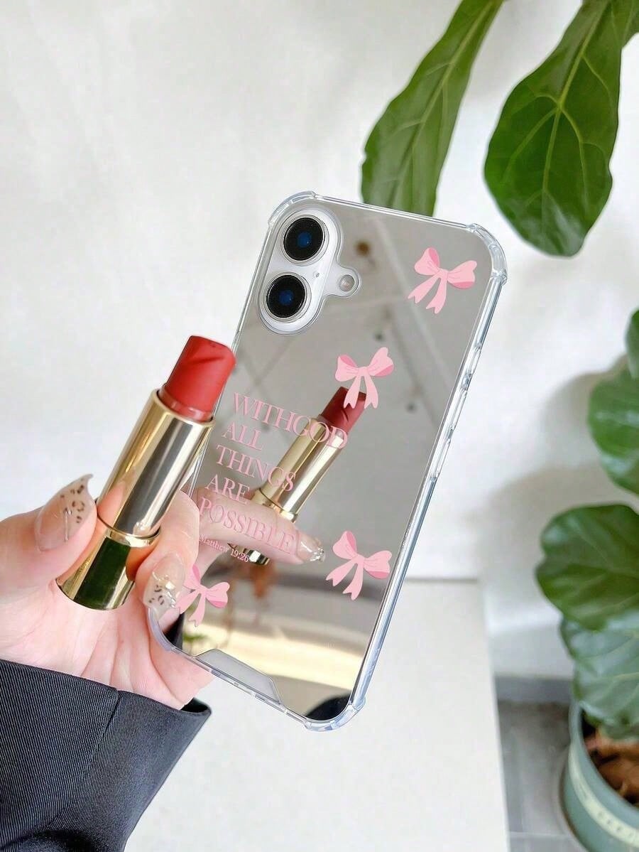Bow & Heart Cute Pattern Mirror Shockproof Phone Case, Compatible With IPhone 13/11/17/16/14/15/15 Pro/15 Plus/15 Pro Max/7 Plus/8 Plus/X/Xs Max/Xr/11 Pro/12 Pro/13 Pro/14 Pro/12 Mini/13 Mini/11 Pro M