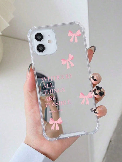 Bow & Heart Cute Pattern Mirror Shockproof Phone Case, Compatible With IPhone 13/11/17/16/14/15/15 Pro/15 Plus/15 Pro Max/7 Plus/8 Plus/X/Xs Max/Xr/11 Pro/12 Pro/13 Pro/14 Pro/12 Mini/13 Mini/11 Pro M