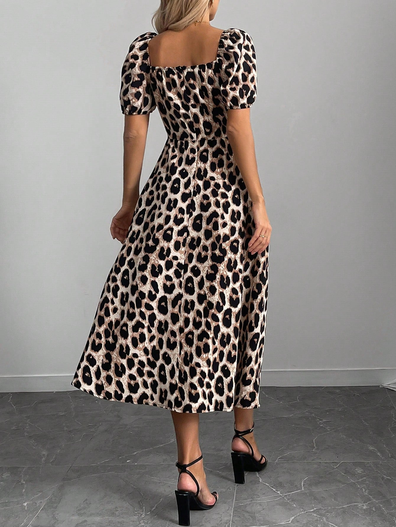 Breezaya 1pc Women's Leopard Print Thigh Slit A-Line Dress, Elegant Resort Wear Maxi Women Outfit