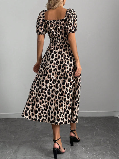 Breezaya 1pc Women's Leopard Print Thigh Slit A-Line Dress, Elegant Resort Wear Maxi Women Outfit