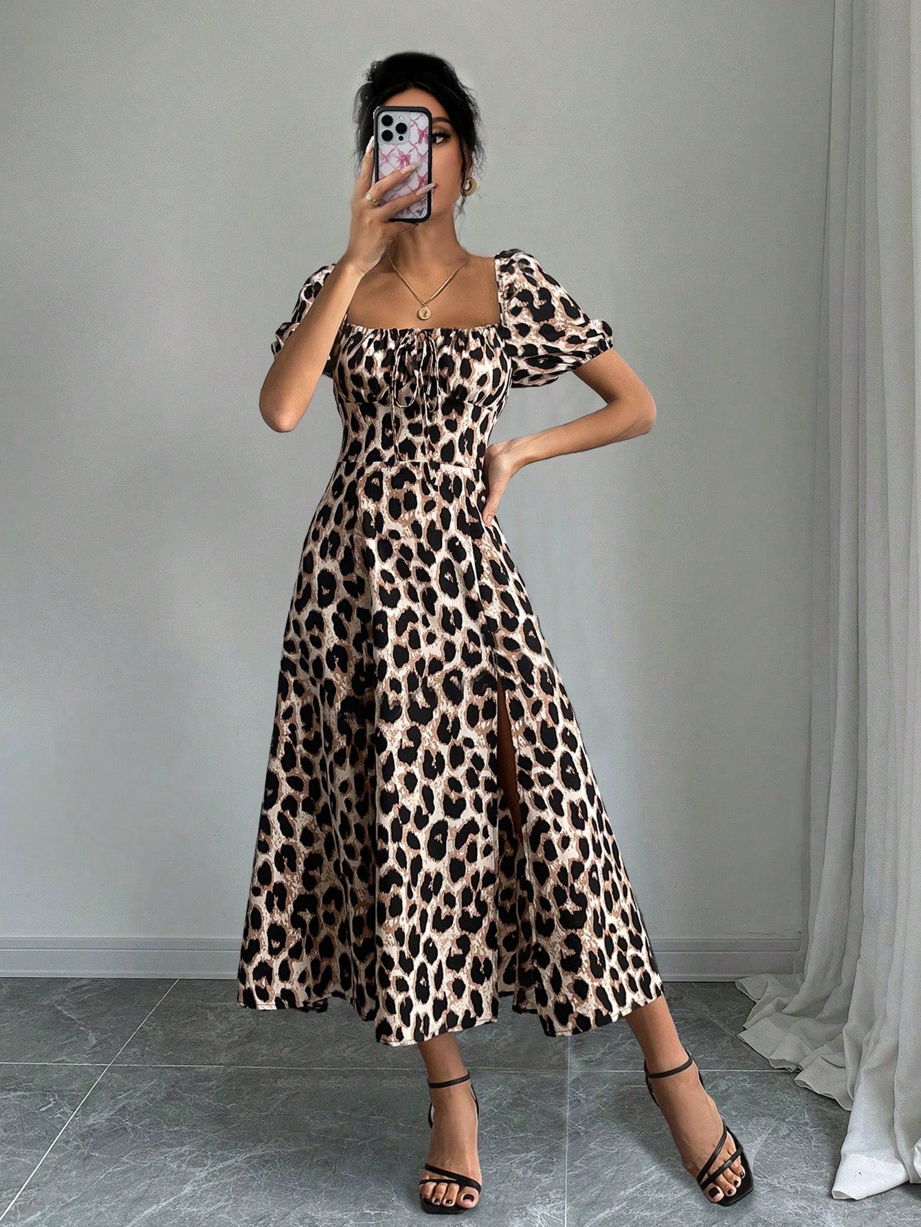 Breezaya 1pc Women's Leopard Print Thigh Slit A-Line Dress, Elegant Resort Wear Maxi Women Outfit